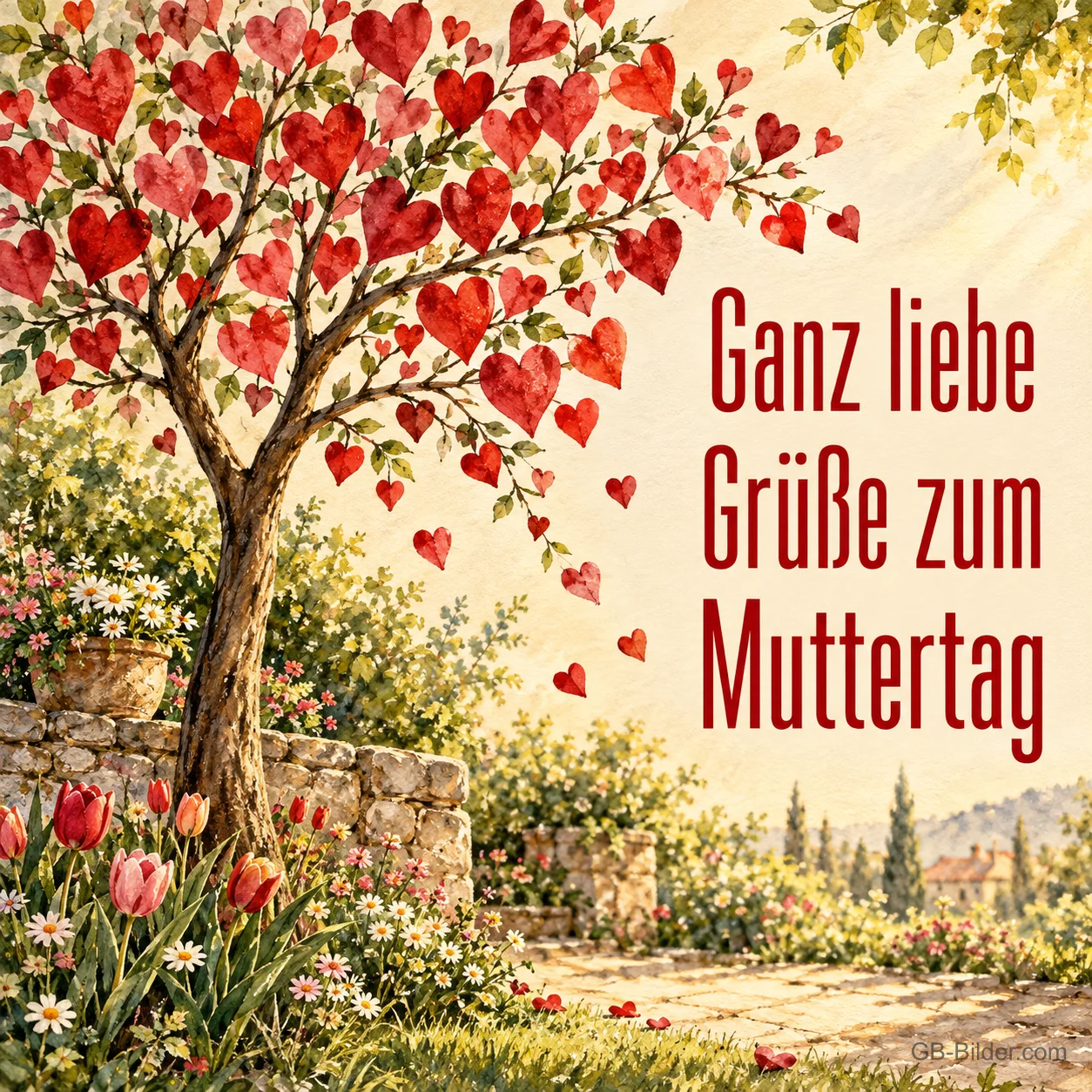 Baum mit roten Herzblättern in einem Frühlingsgarten, Text: Ganz liebe Grüße zum Muttertag Baum mit roten Herzblättern in einem Frühlingsgarten, Text: Ganz liebe Grüße zum Muttertag