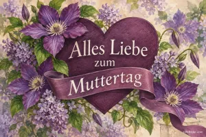 Lila Herz mit Schleife zwischen Clematis und Flieder, Text: Alles Liebe zum Muttertag