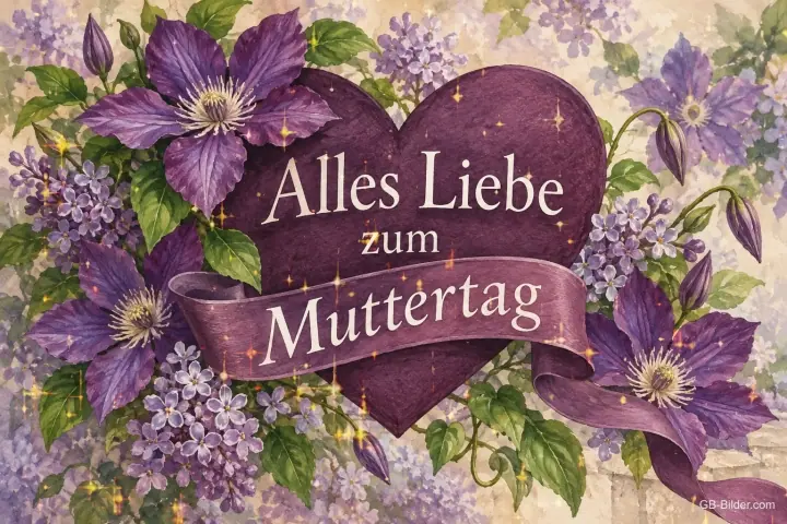 Lila Herz mit Schleife zwischen Clematis und Flieder, Text: Alles Liebe zum Muttertag Lila Herz mit Schleife zwischen Clematis und Flieder, Text: Alles Liebe zum Muttertag