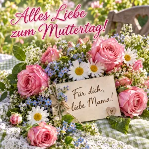 Rosen, Margeriten und Vergissmeinnicht um eine Karte, Text: Alles Liebe zum Muttertag! – Für dich, liebe Mama!