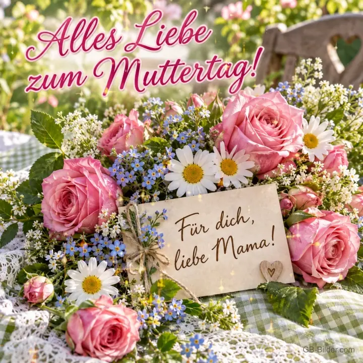 Rosen, Margeriten und Vergissmeinnicht um eine Karte, Text: Alles Liebe zum Muttertag! – Für dich, liebe Mama! Rosen, Margeriten und Vergissmeinnicht um eine Karte, Text: Alles Liebe zum Muttertag! – Für dich, liebe Mama!