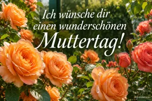 Orange Rosen in einem sonnigen Garten, Text: Ich wünsche dir einen wunderschönen – Muttertag!