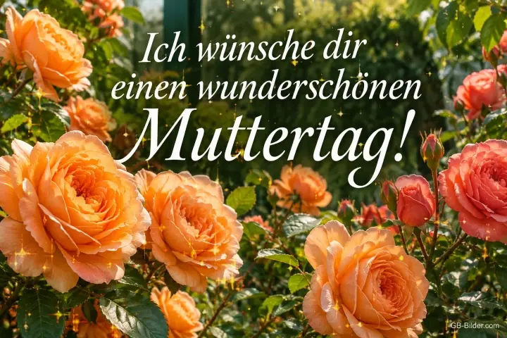 Orange Rosen in einem sonnigen Garten, Text: Ich wünsche dir einen wunderschönen – Muttertag! Orange Rosen in einem sonnigen Garten, Text: Ich wünsche dir einen wunderschönen – Muttertag!