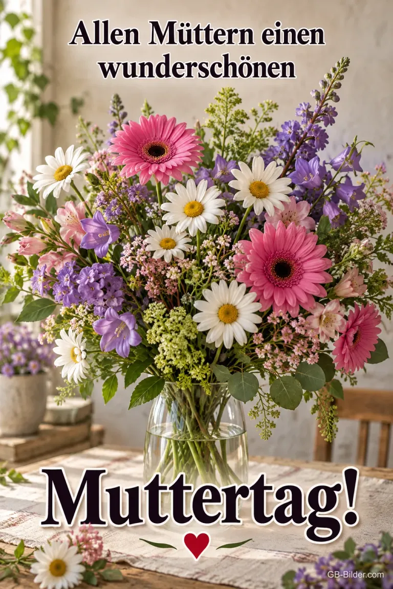 Strauß aus Gerbera, Margeriten und Rittersporn, Text: Allen Müttern einen wunderschönen – Muttertag!