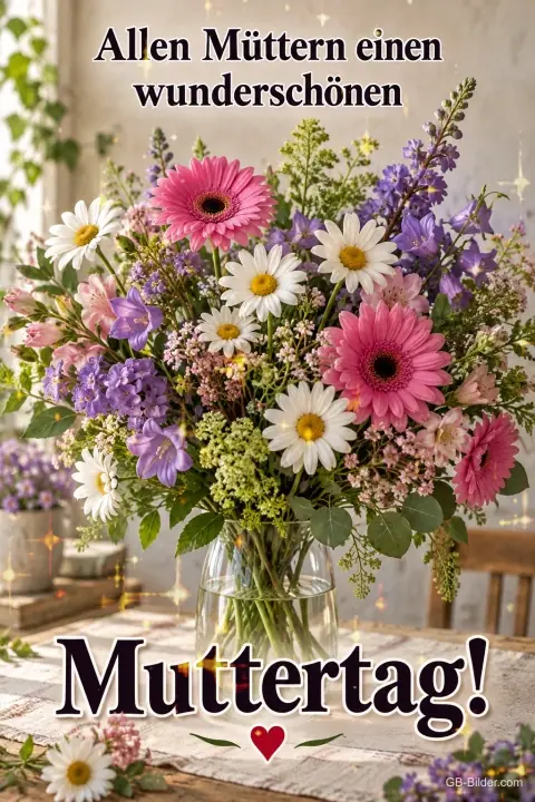 Strauß aus Gerbera, Margeriten und Rittersporn, Text: Allen Müttern einen wunderschönen – Muttertag! Strauß aus Gerbera, Margeriten und Rittersporn, Text: Allen Müttern einen wunderschönen – Muttertag!