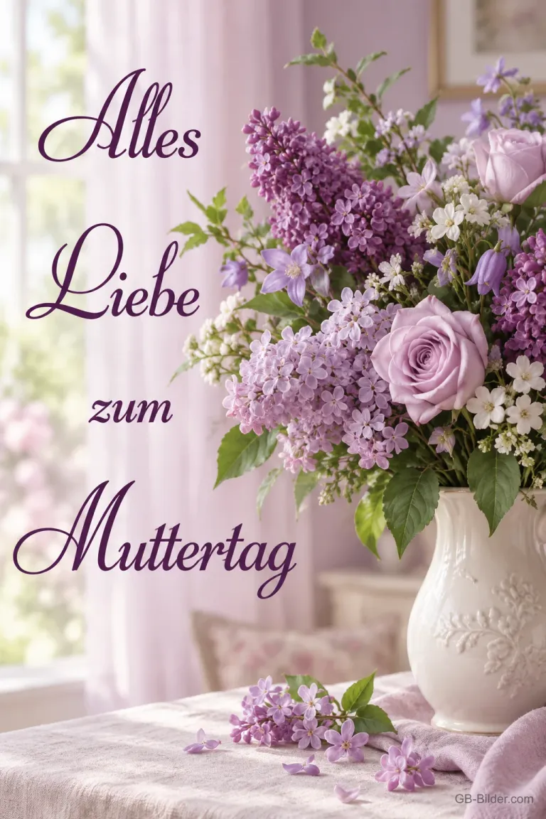 Flieder und Rosen in einer weißen Vase am Fenster, Text: Alles Liebe zum Muttertag