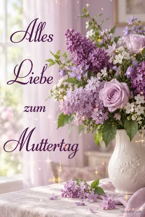 Flieder und Rosen in einer weißen Vase am Fenster, Text: Alles Liebe zum Muttertag Flieder und Rosen in einer weißen Vase am Fenster, Text: Alles Liebe zum Muttertag