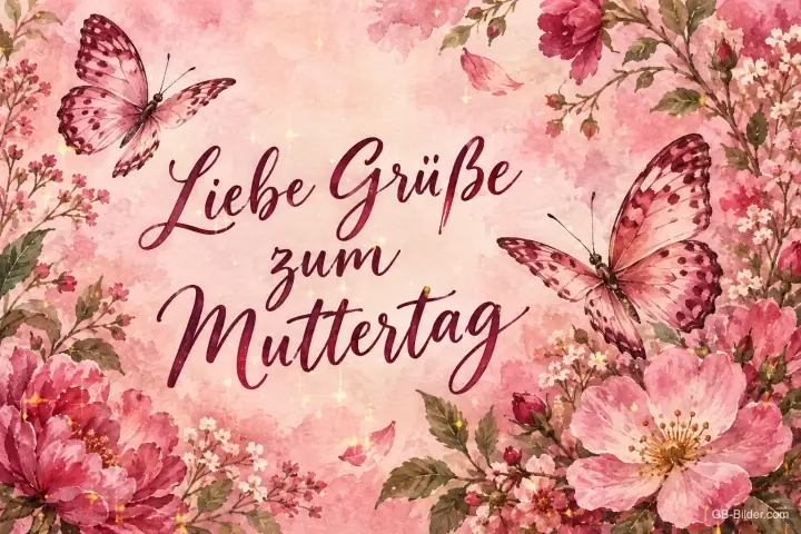 Rosa Blüten und Schmetterlinge um eine Schrift, Text: Liebe Grüße – zum Muttertag Rosa Blüten und Schmetterlinge um eine Schrift, Text: Liebe Grüße – zum Muttertag