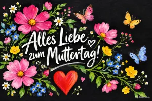 Bunte Blumen, Schmetterlinge und rotes Herz auf Schwarz, Text: Alles Liebe – zum Muttertag!