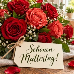 Rote Rosen mit beschriftetem Anhänger, Text: Schönen Muttertag!
