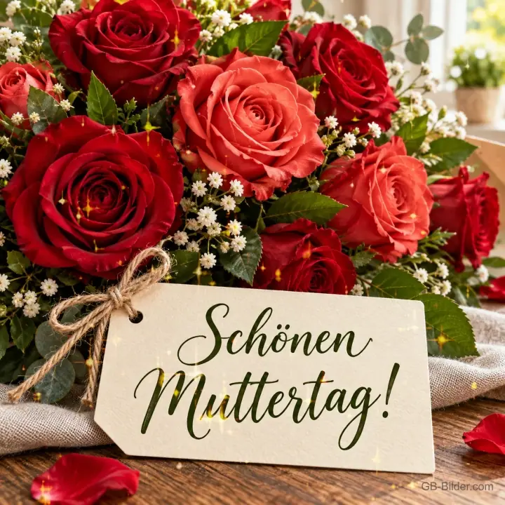 Rote Rosen mit beschriftetem Anhänger, Text: Schönen Muttertag!