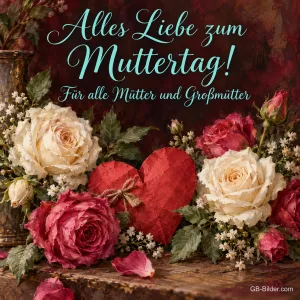 Weiße und rote Rosen um ein rotes Herz, Text: Alles Liebe zum Muttertag! – Für alle Mütter und Großmütter