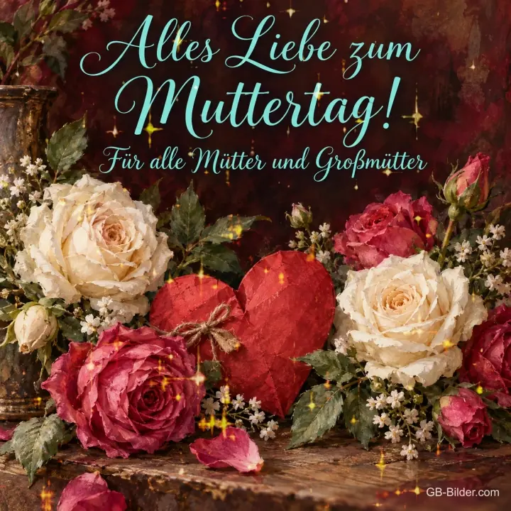 Weiße und rote Rosen um ein rotes Herz, Text: Alles Liebe zum Muttertag! – Für alle Mütter und Großmütter Weiße und rote Rosen um ein rotes Herz, Text: Alles Liebe zum Muttertag! – Für alle Mütter und Großmütter