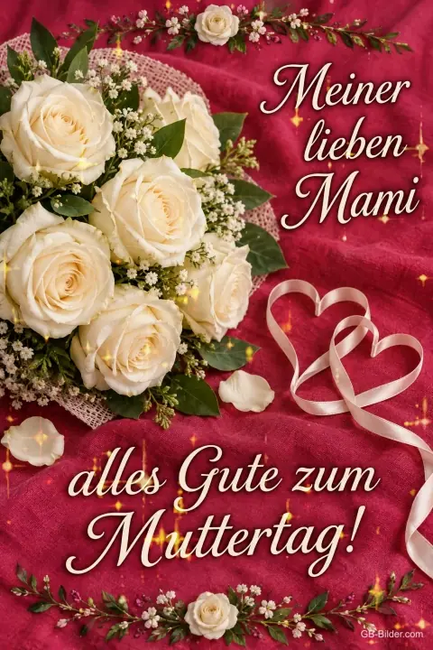 Weiße Rosen und Herzband auf rotem Stoff, Text: Meiner lieben Mami – alles Gute zum Muttertag! Weiße Rosen und Herzband auf rotem Stoff, Text: Meiner lieben Mami – alles Gute zum Muttertag!