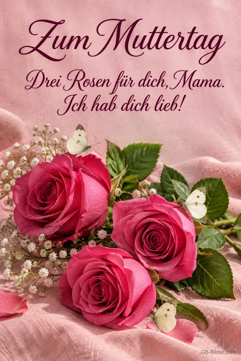 Drei pinke Rosen mit Schleierkraut und Schmetterlingen, Text: Zum Muttertag – Drei Rosen für dich, Mama. Ich hab dich lieb!