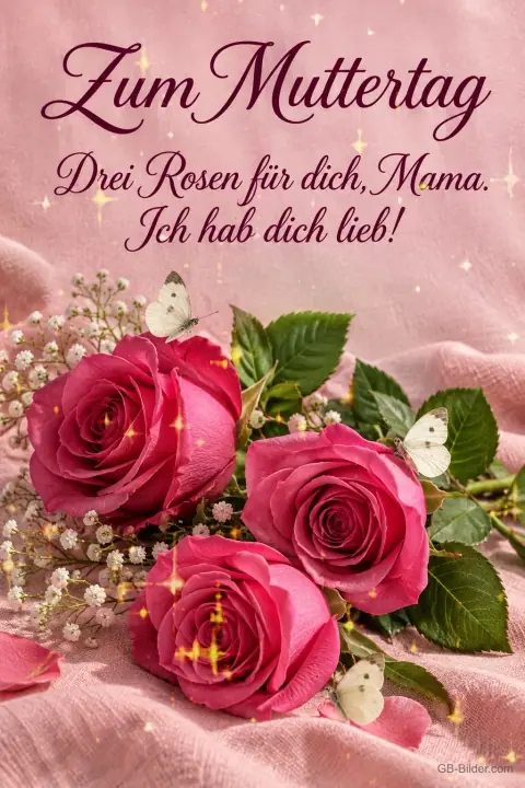 Drei pinke Rosen mit Schleierkraut und Schmetterlingen, Text: Zum Muttertag – Drei Rosen für dich, Mama. Ich hab dich lieb! Drei pinke Rosen mit Schleierkraut und Schmetterlingen, Text: Zum Muttertag – Drei Rosen für dich, Mama. Ich hab dich lieb!