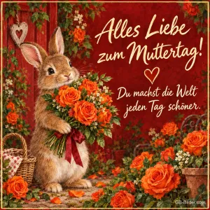Hase hält einen Strauß oranger Rosen vor einer roten Tür, Text: Alles Liebe zum Muttertag! – Du machst die Welt jeden Tag schöner.