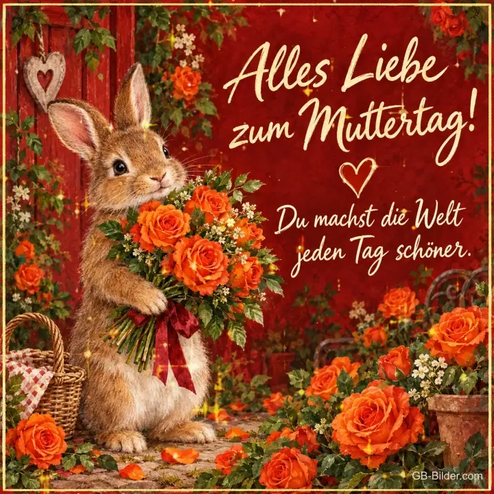 Hase hält einen Strauß oranger Rosen vor einer roten Tür, Text: Alles Liebe zum Muttertag! – Du machst die Welt jeden Tag schöner. Hase hält einen Strauß oranger Rosen vor einer roten Tür, Text: Alles Liebe zum Muttertag! – Du machst die Welt jeden Tag schöner.