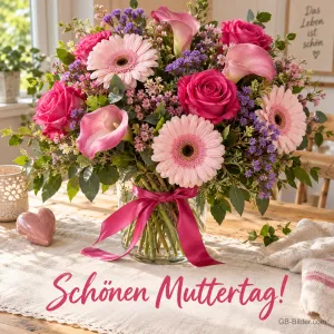 Strauß aus Rosen, Gerbera und Calla in einer Vase, Text: Schönen Muttertag!