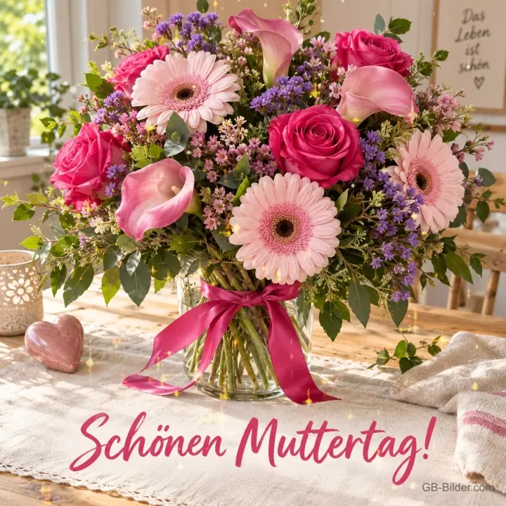Strauß aus Rosen, Gerbera und Calla in einer Vase, Text: Schönen Muttertag! Strauß aus Rosen, Gerbera und Calla in einer Vase, Text: Schönen Muttertag!