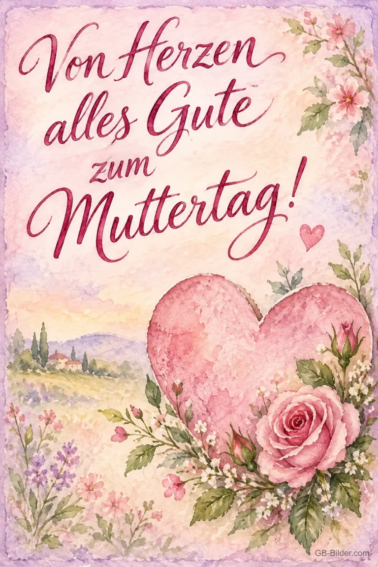 Rosa Herz mit Rose vor einer Aquarelllandschaft, Text: Von Herzen alles Gute – zum Muttertag!
