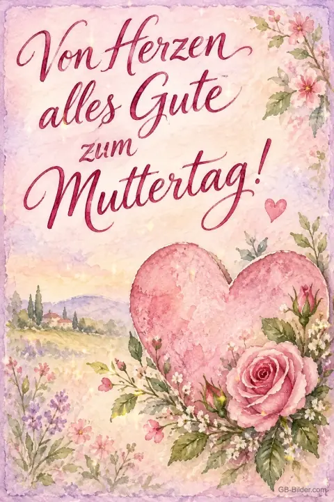 Rosa Herz mit Rose vor einer Aquarelllandschaft, Text: Von Herzen alles Gute – zum Muttertag! Rosa Herz mit Rose vor einer Aquarelllandschaft, Text: Von Herzen alles Gute – zum Muttertag!