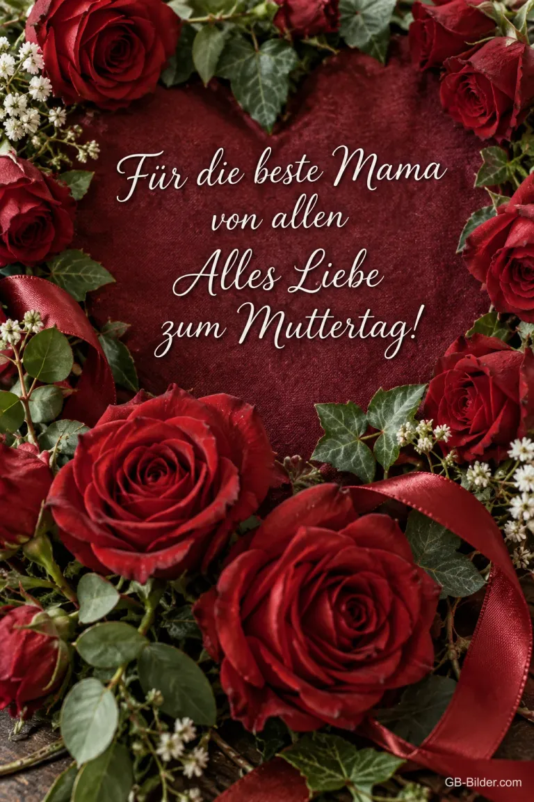 Herz aus roten Rosen mit Schleife, Text: Für die beste Mama von allen – Alles Liebe zum Muttertag!
