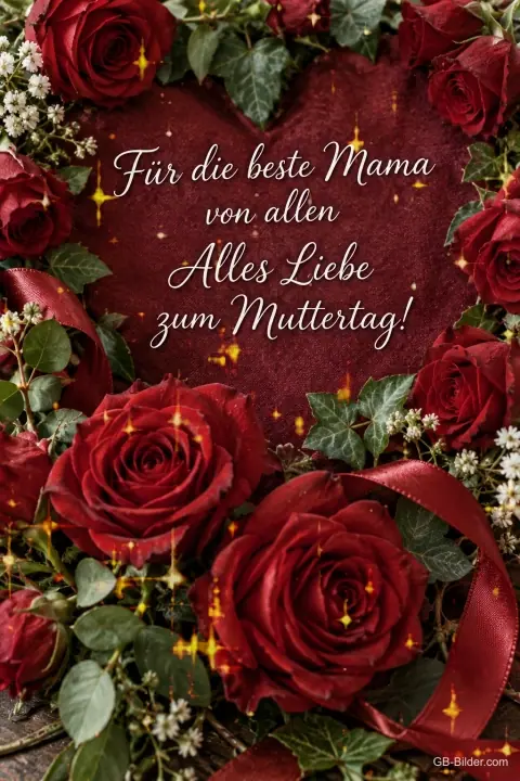 Herz aus roten Rosen mit Schleife, Text: Für die beste Mama von allen – Alles Liebe zum Muttertag! Herz aus roten Rosen mit Schleife, Text: Für die beste Mama von allen – Alles Liebe zum Muttertag!