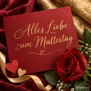 Rote Karte mit roter Rose auf Samt, Text: Alles Liebe – zum Muttertag