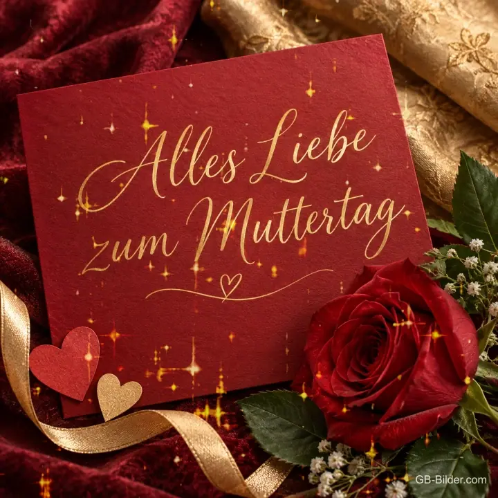 Rote Karte mit roter Rose auf Samt, Text: Alles Liebe – zum Muttertag Rote Karte mit roter Rose auf Samt, Text: Alles Liebe – zum Muttertag