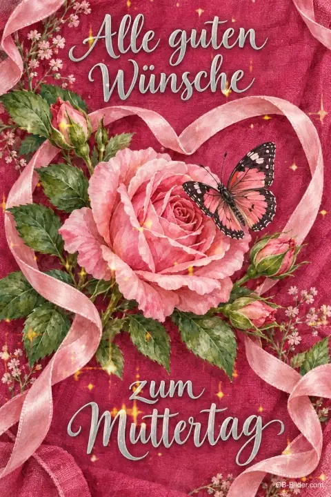 Rosa Rose mit Schmetterling in einem Bandherz, Text: Alle guten Wünsche – zum Muttertag Rosa Rose mit Schmetterling in einem Bandherz, Text: Alle guten Wünsche – zum Muttertag