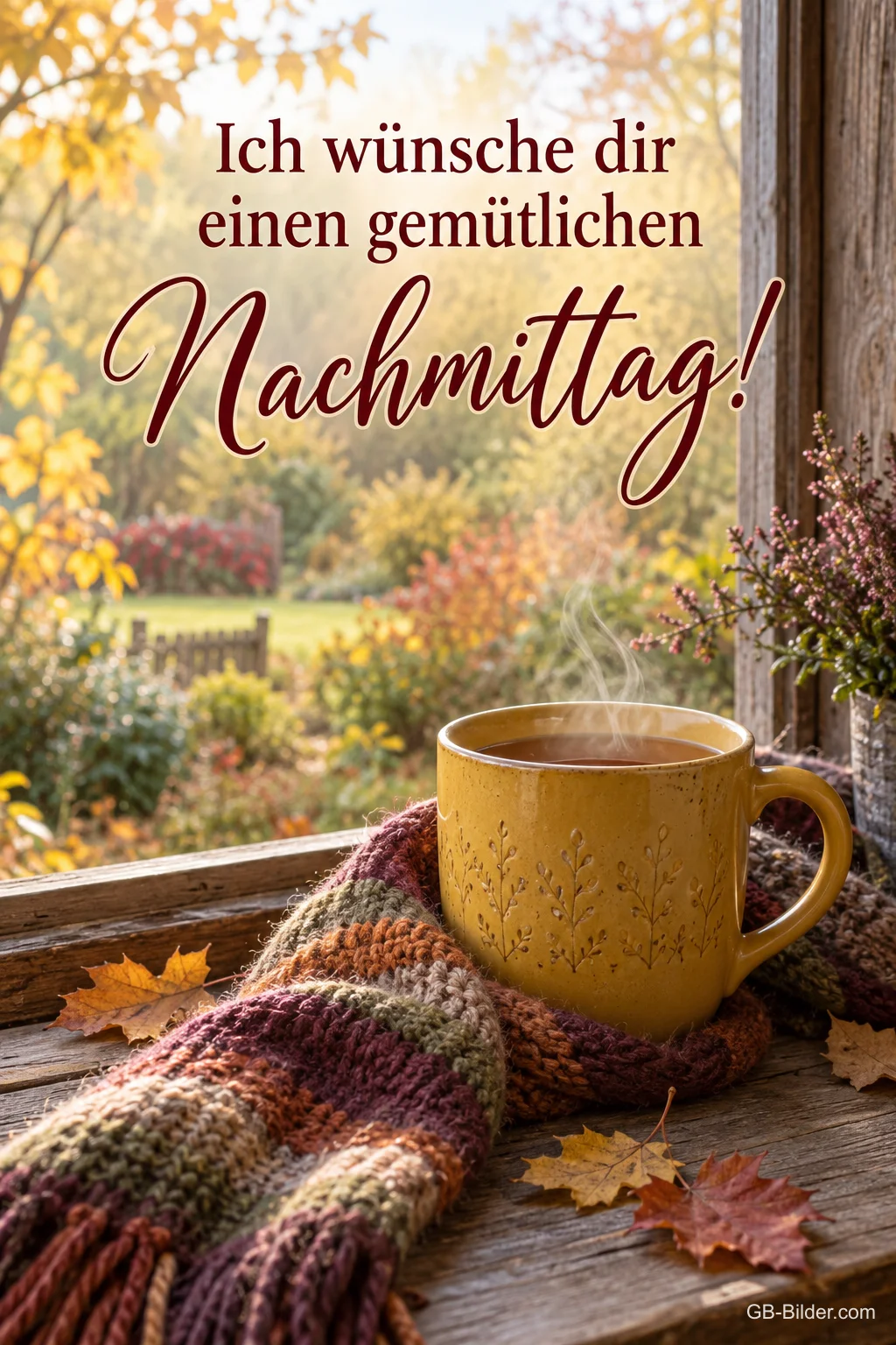 Gelbe Tasse mit Strickschal am Fenster, Text: Ich wünsche dir einen gemütlichen Nachmittag!