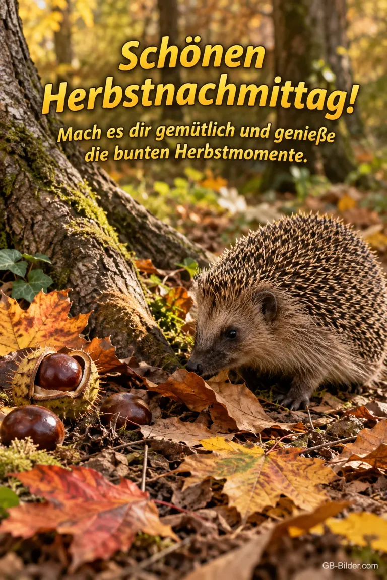 Igel zwischen Kastanien, Text: Schönen Herbstnachmittag!