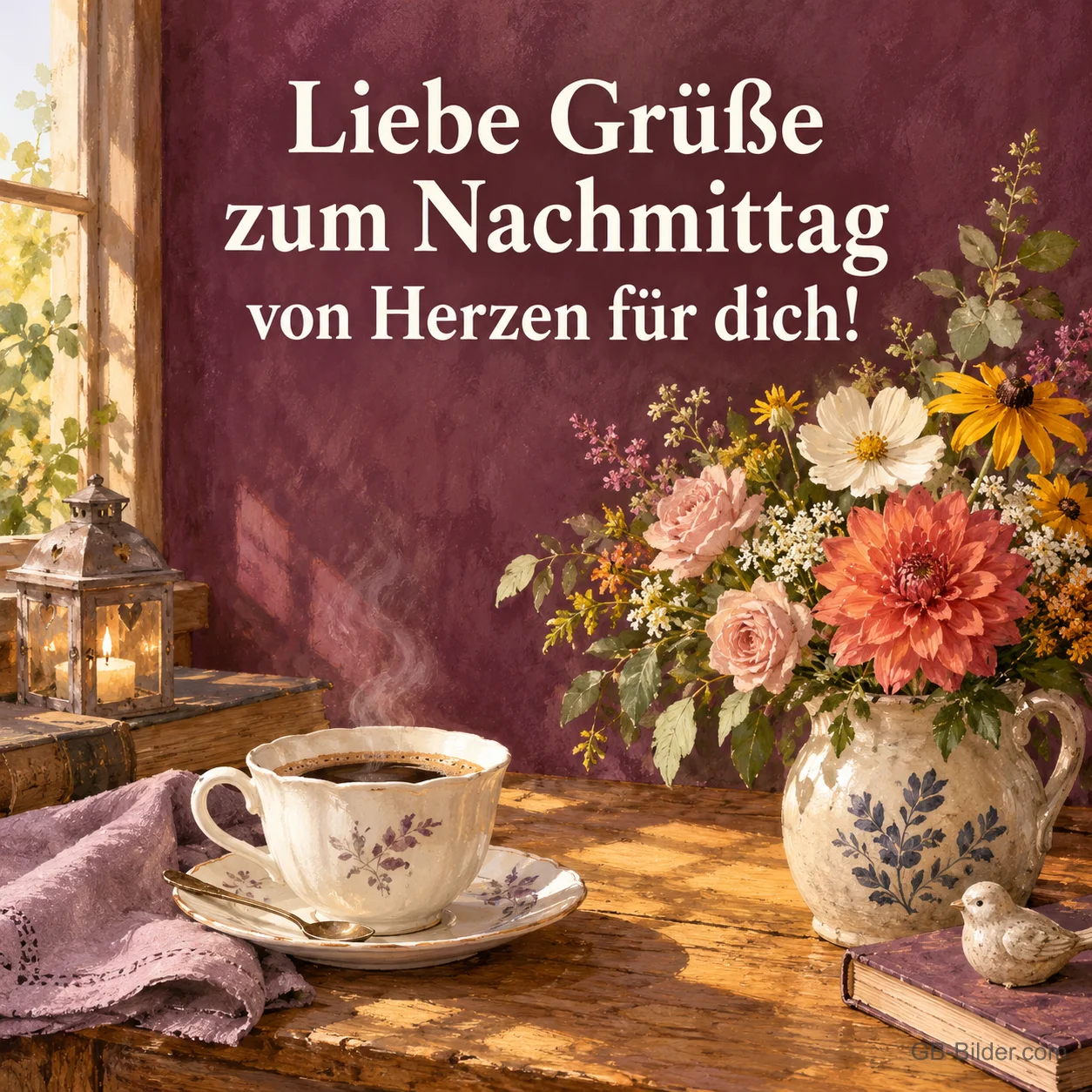 Kaffeetasse mit Blumenstrauß, Text: Liebe Grüße zum Nachmittag