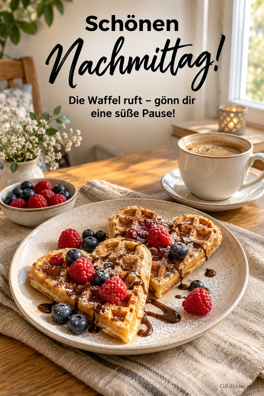 Herzwaffeln mit Beeren, Text: Schönen Nachmittag! Die Waffel ruft