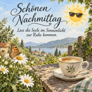 Kaffeetasse mit Margeriten über einer Bucht, Text: Schönen Nachmittag