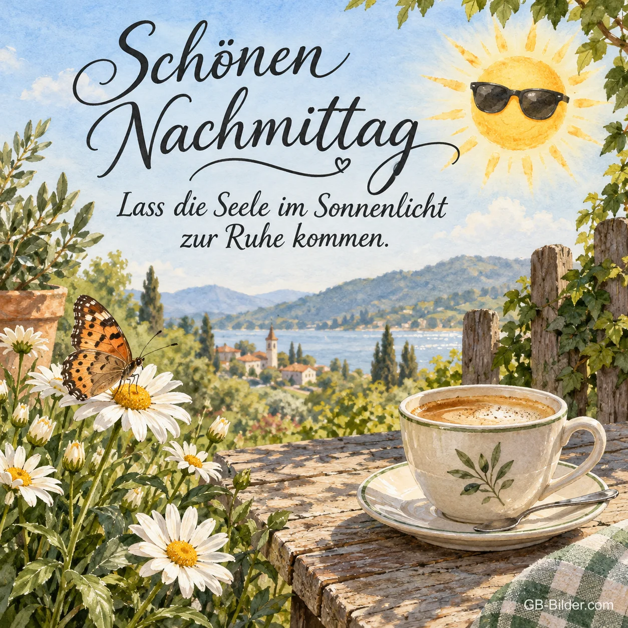 Kaffeetasse mit Margeriten über einer Bucht, Text: Schönen Nachmittag
