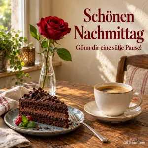 Schokoladentorte mit Kaffee und Rose, Text: Schönen Nachmittag