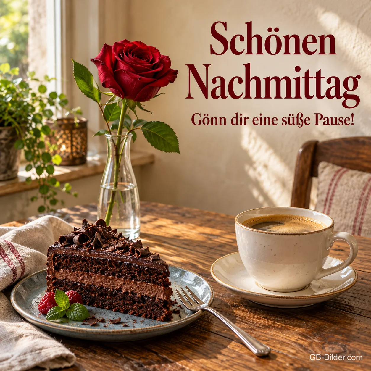 Schokoladentorte mit Kaffee und Rose, Text: Schönen Nachmittag