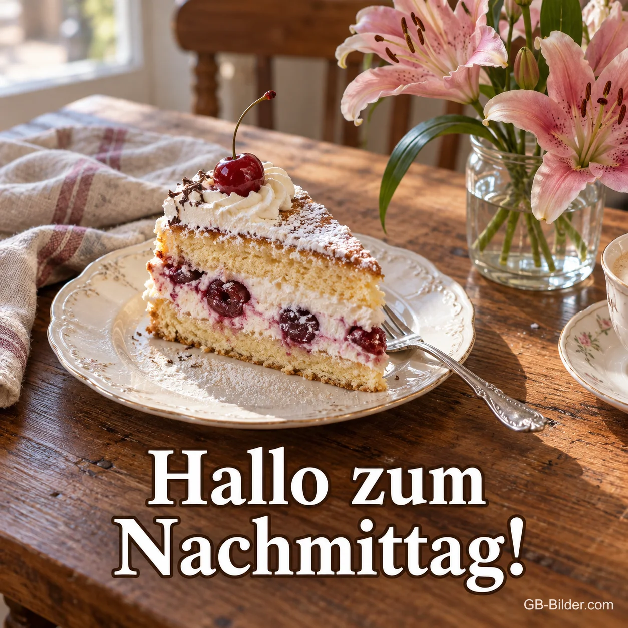 Kirschtorte mit Lilien, Text: Hallo zum Nachmittag!
