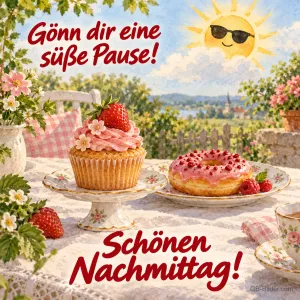 Cupcake und Donut im Garten, Text: Gönn dir eine süße Pause! Schönen Nachmittag!