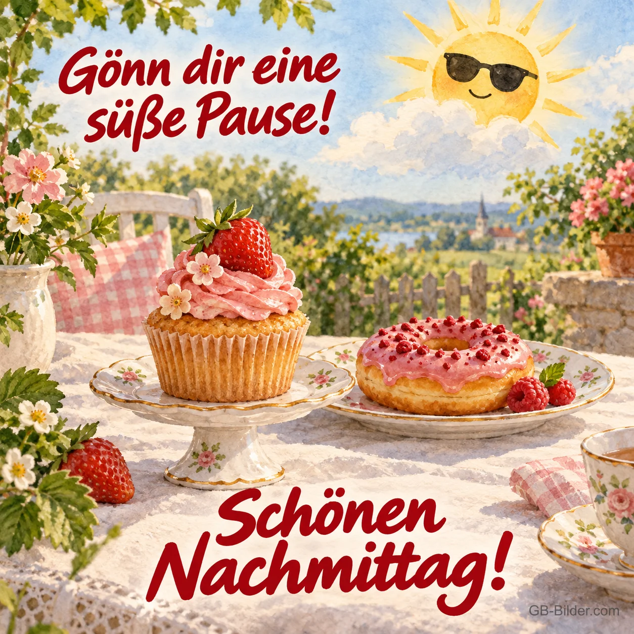 Cupcake und Donut im Garten, Text: Gönn dir eine süße Pause! Schönen Nachmittag!