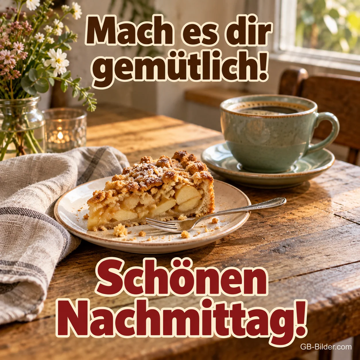 Apfelstreusel mit Kaffee, Text: Mach es dir gemütlich! Schönen Nachmittag!