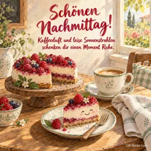 Beerentorte und Kaffee am Fenster, Text: Schönen Nachmittag!