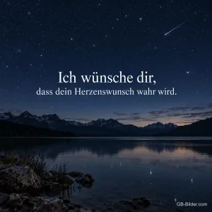 Sternschnuppe über einem Bergsee, Text: Ich wünsche dir, dass dein Herzenswunsch wahr wird.
