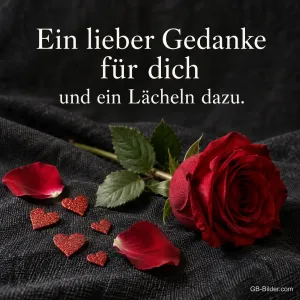 Rote Rose mit Herzen, Text: Ein lieber Gedanke für dich und ein Lächeln dazu.