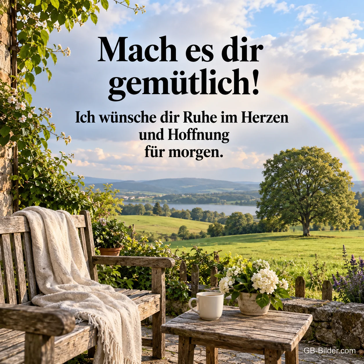 Gartenbank vor Landschaft mit Regenbogen, Text: Mach es dir gemütlich! Gartenbank vor Landschaft mit Regenbogen, Text: Mach es dir gemütlich!