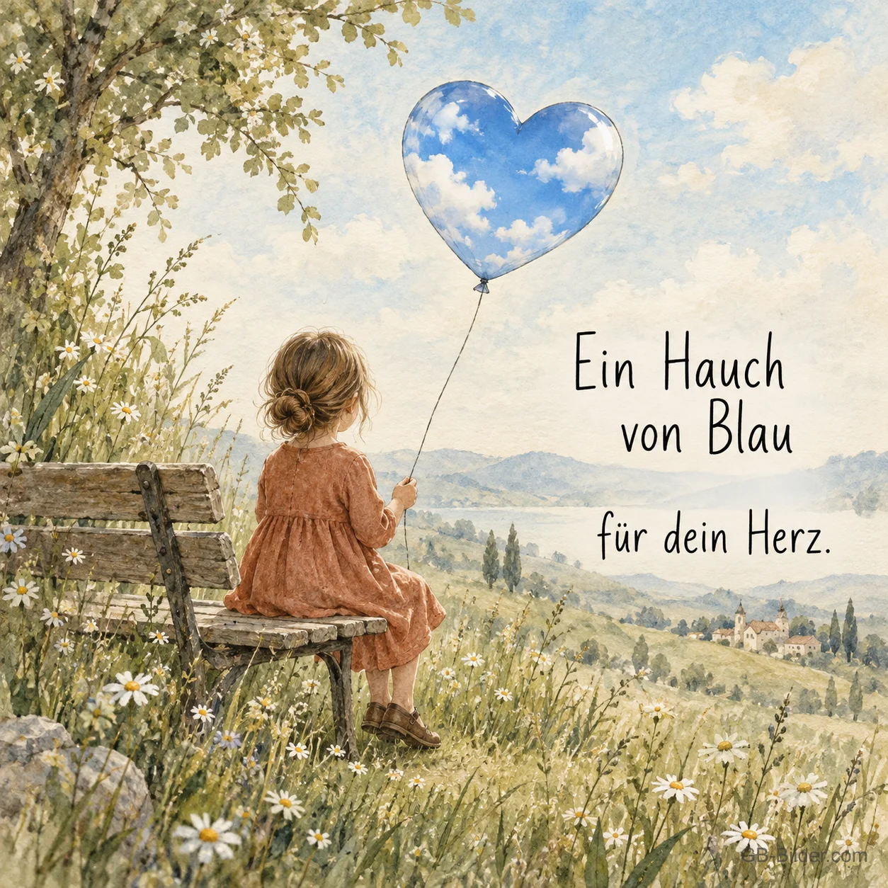 Mädchen mit Herzballon auf einer Bank, Text: Ein Hauch von Blau für dein Herz. Mädchen mit Herzballon auf einer Bank, Text: Ein Hauch von Blau für dein Herz.