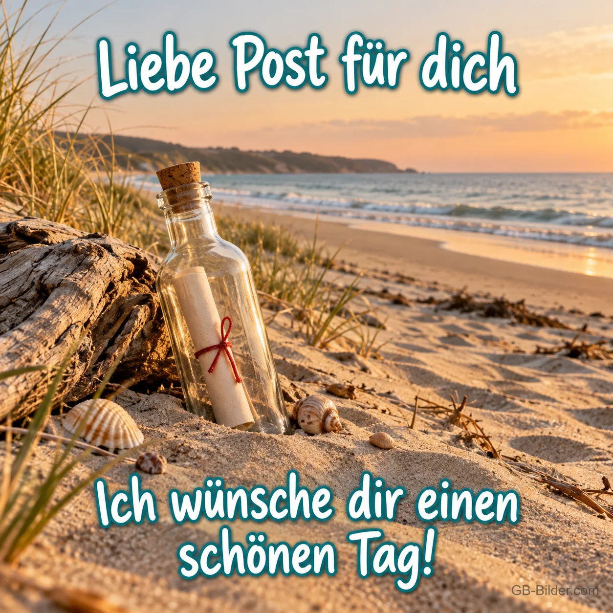 Flaschenpost am Strand, Text: Liebe Post für dich Flaschenpost am Strand, Text: Liebe Post für dich