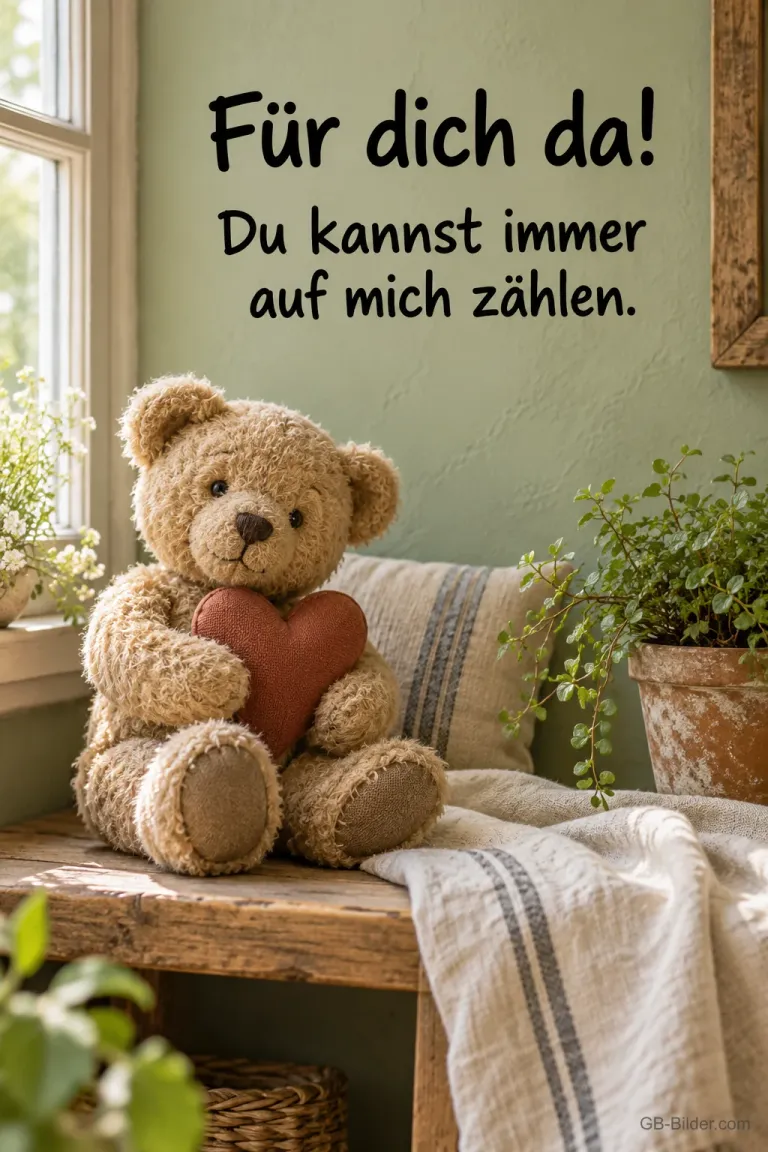Teddybär mit Herz am Fenster, Text: Für dich da! Du kannst immer auf mich zählen.